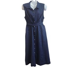 J.Jill Love Linen-Navy-Button Front-Maxi ShirtDress-Tie Waist-Coastal Grandma L